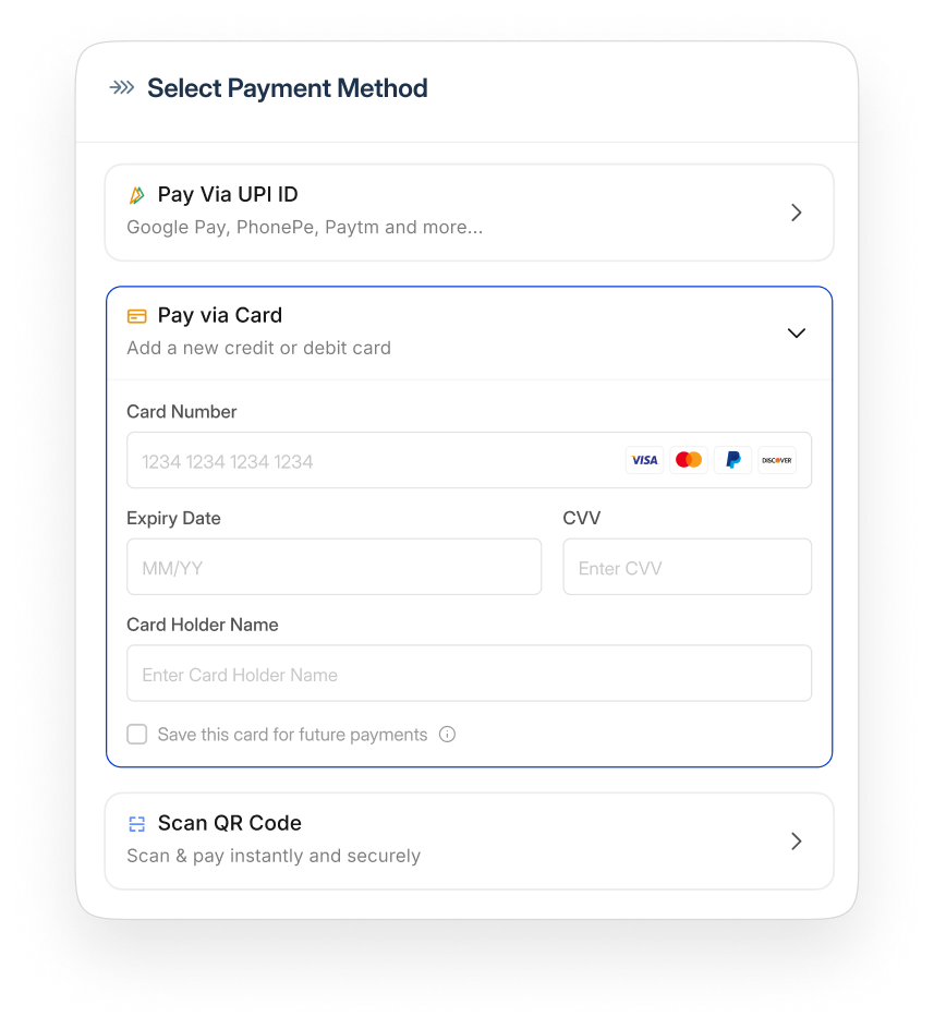 Payment collection interface showing UPI and card payment options